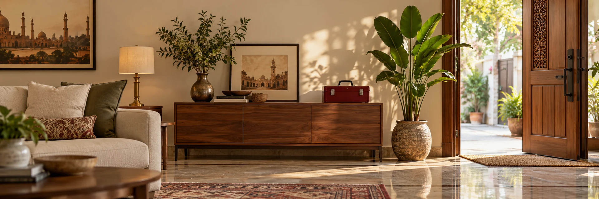Illustration of a welcoming Lahore home interior with a red toolbox