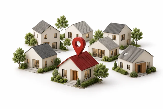 Conceptual miniature houses with a single red location pin