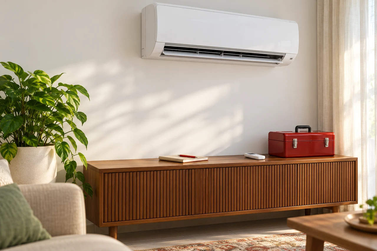 White indoor AC unit above a console with a red toolbox and notebook