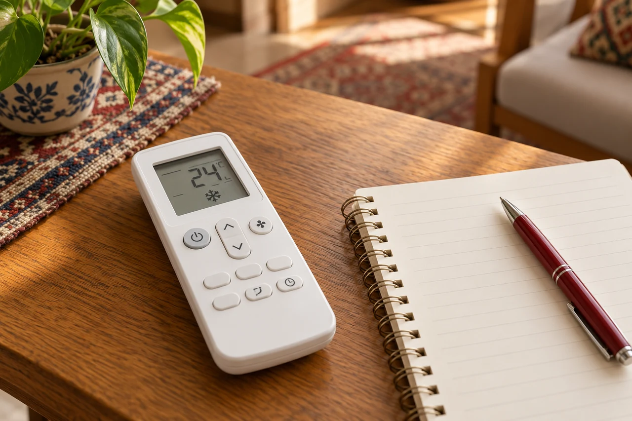 AC remote beside a notebook and red pen
