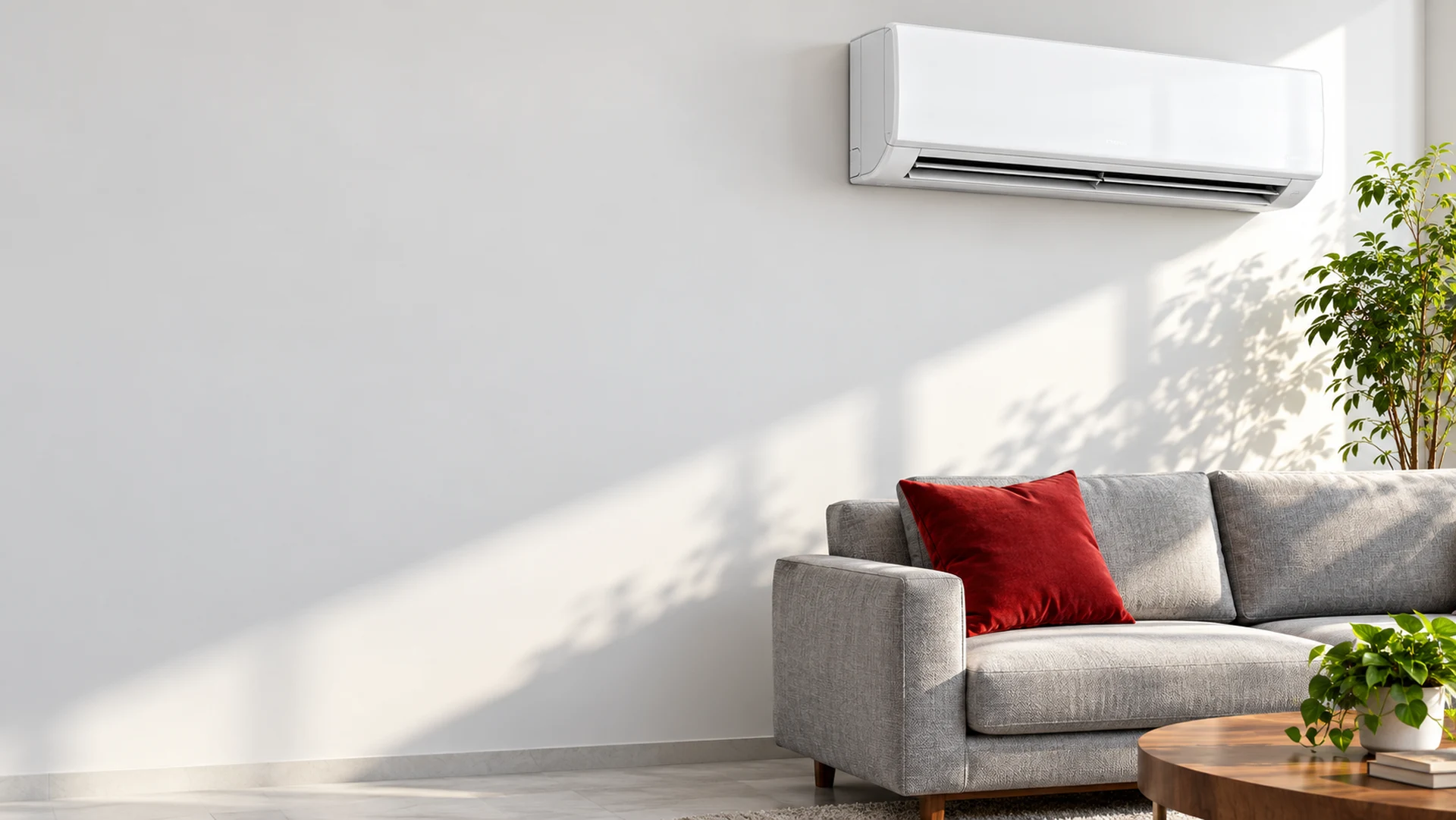 Illustration of a wall-mounted AC above a grey sofa in a bright living room