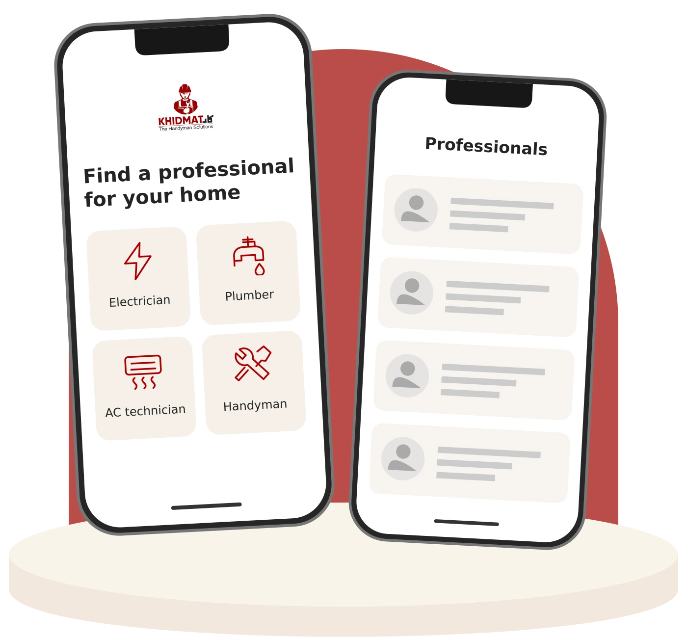 Concept phone screens showing four service categories and anonymous professional profiles