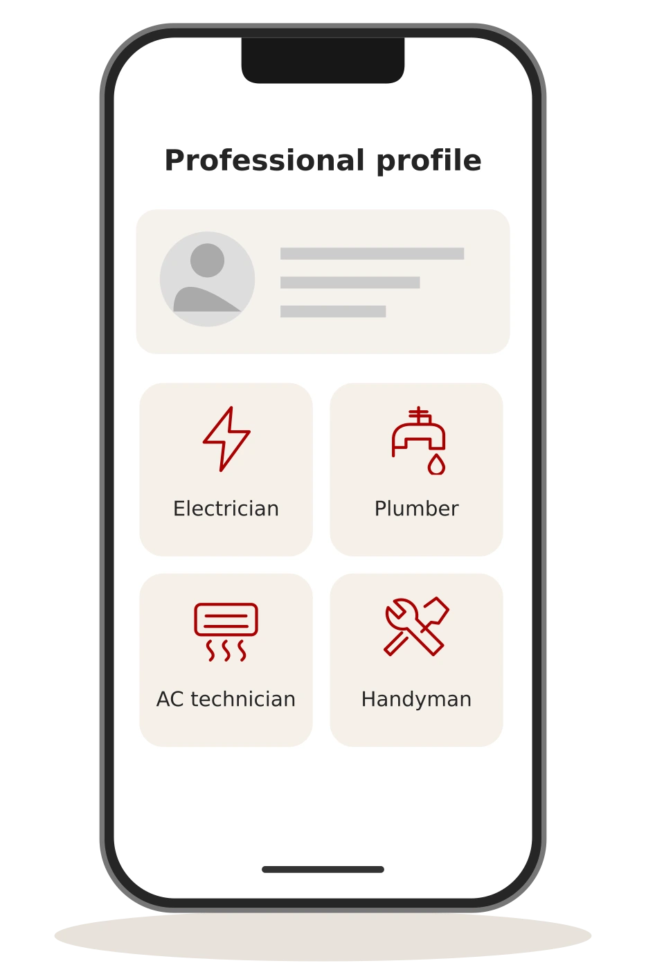 Concept professional profile screen with anonymous placeholder details
