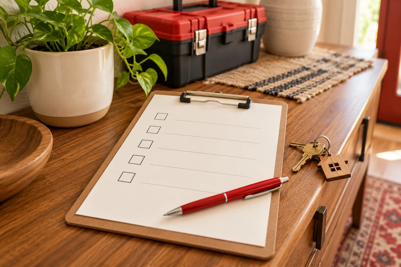 Clipboard checklist, red pen and house keys on a home entryway table