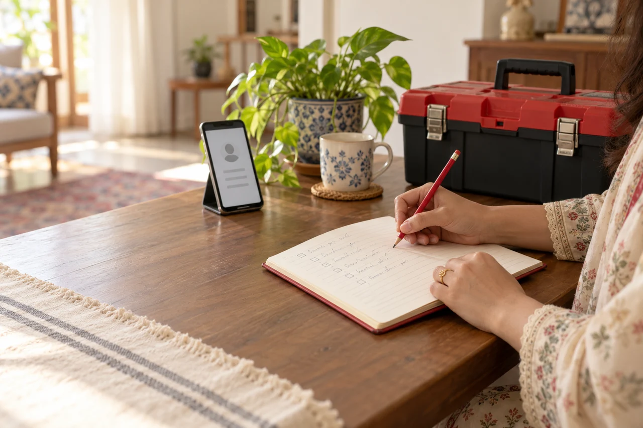 Illustrative home-service planning with notebook, anonymous phone profile and toolbox