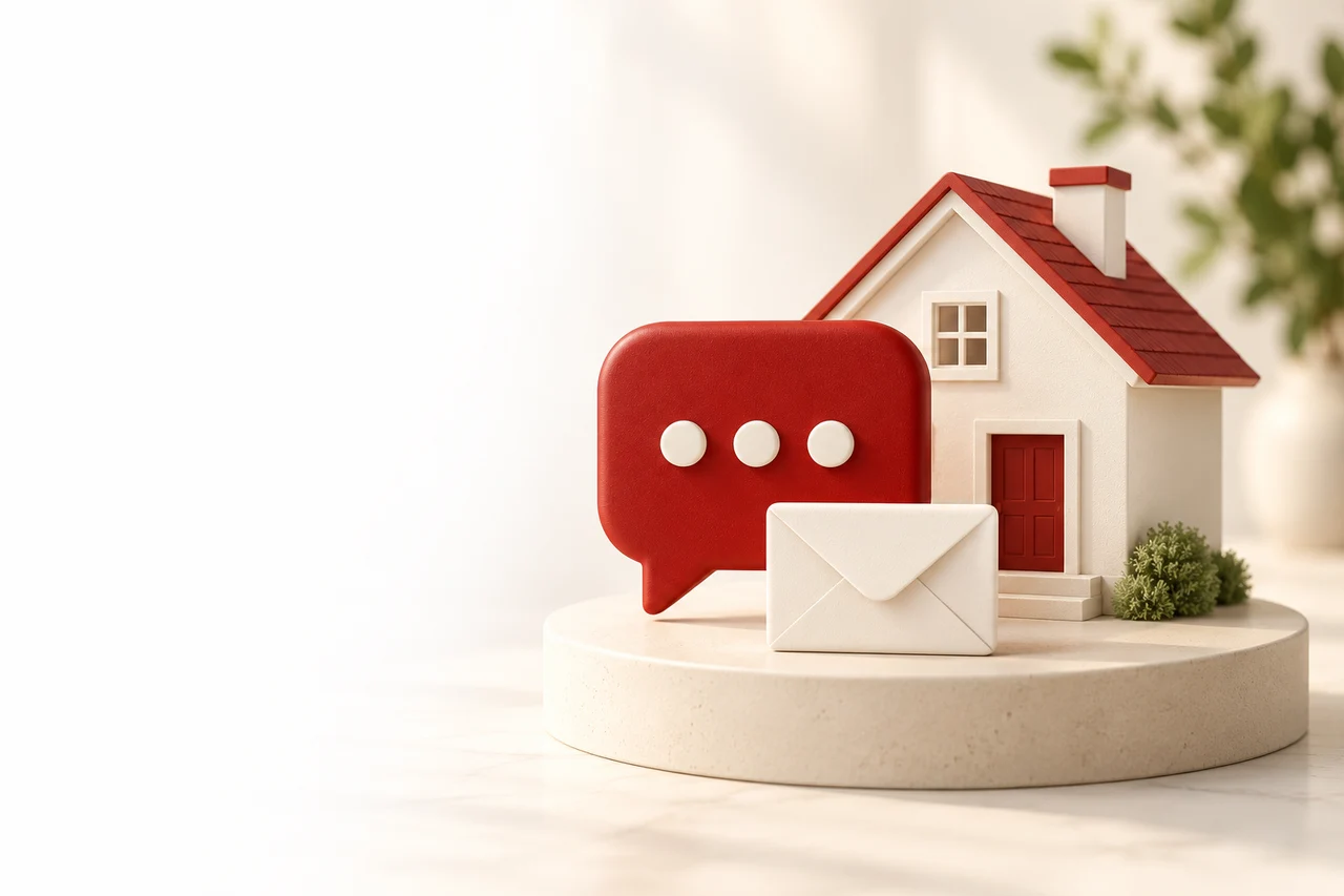 Illustration of a cream home, red speech bubble and envelope