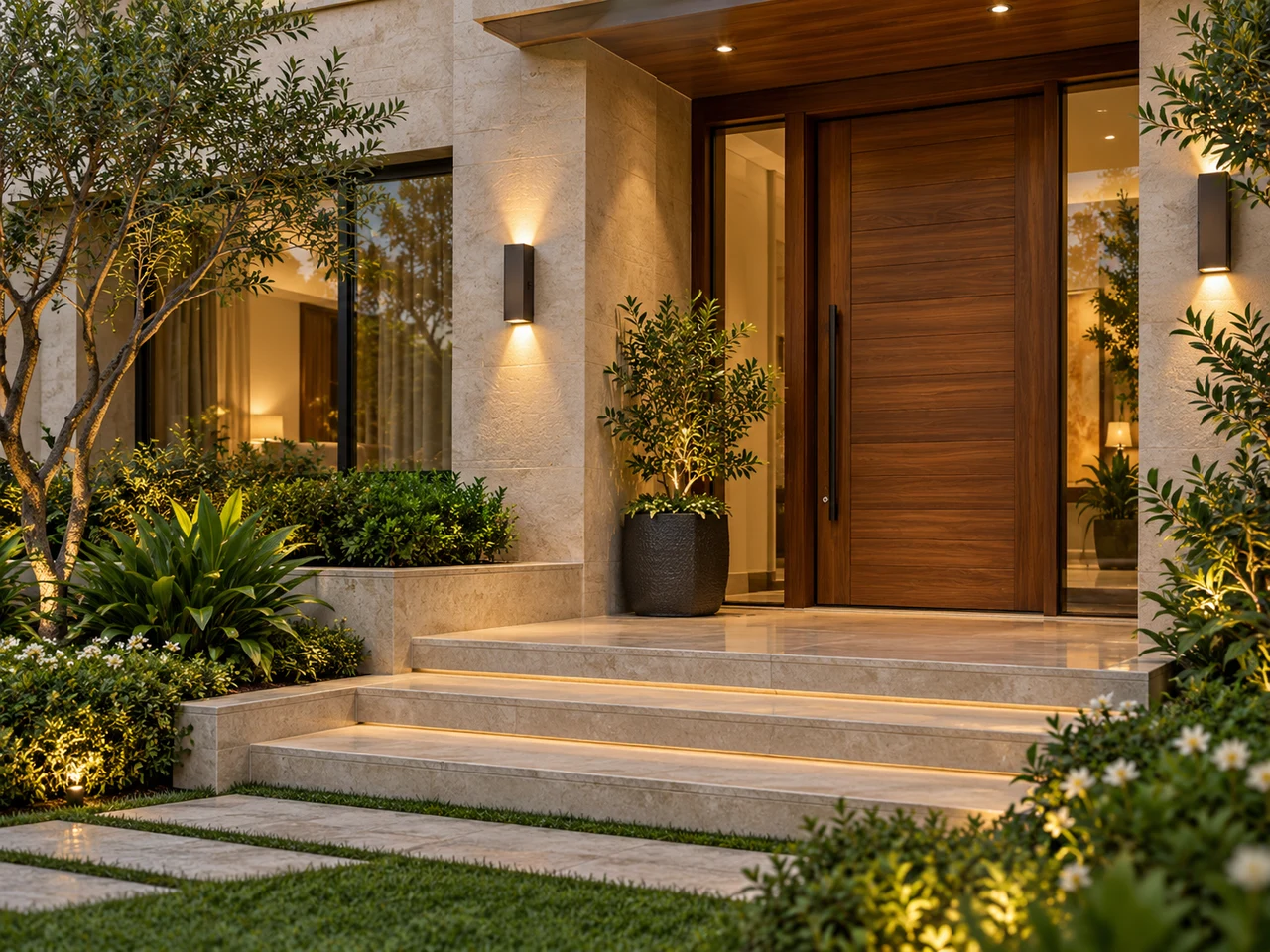 Illustration of a contemporary home entrance with greenery