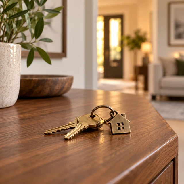 House keys and a house-shaped keyring on a wooden table