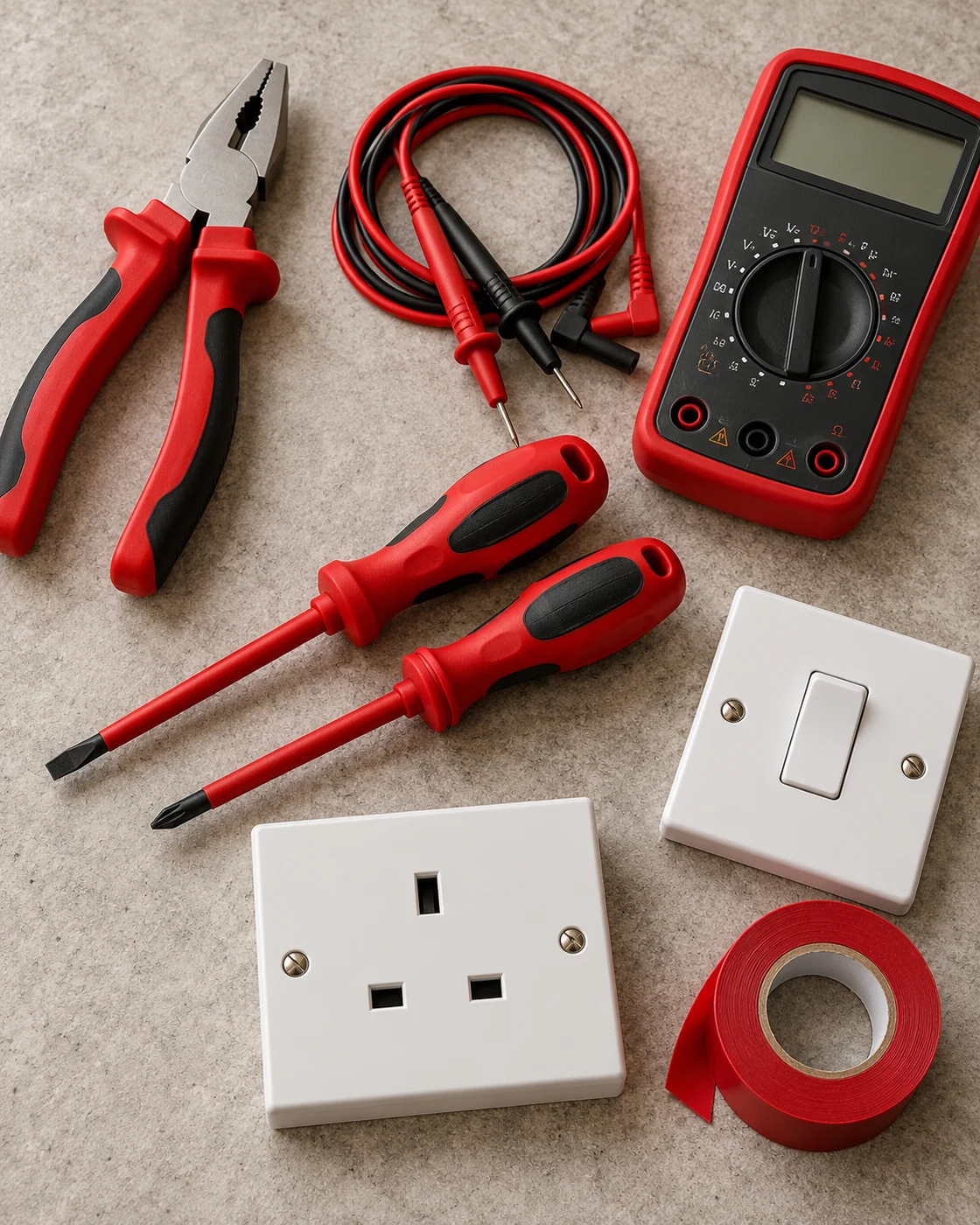 Illustration of electrical tools, a multimeter and socket faceplates on a stone surface