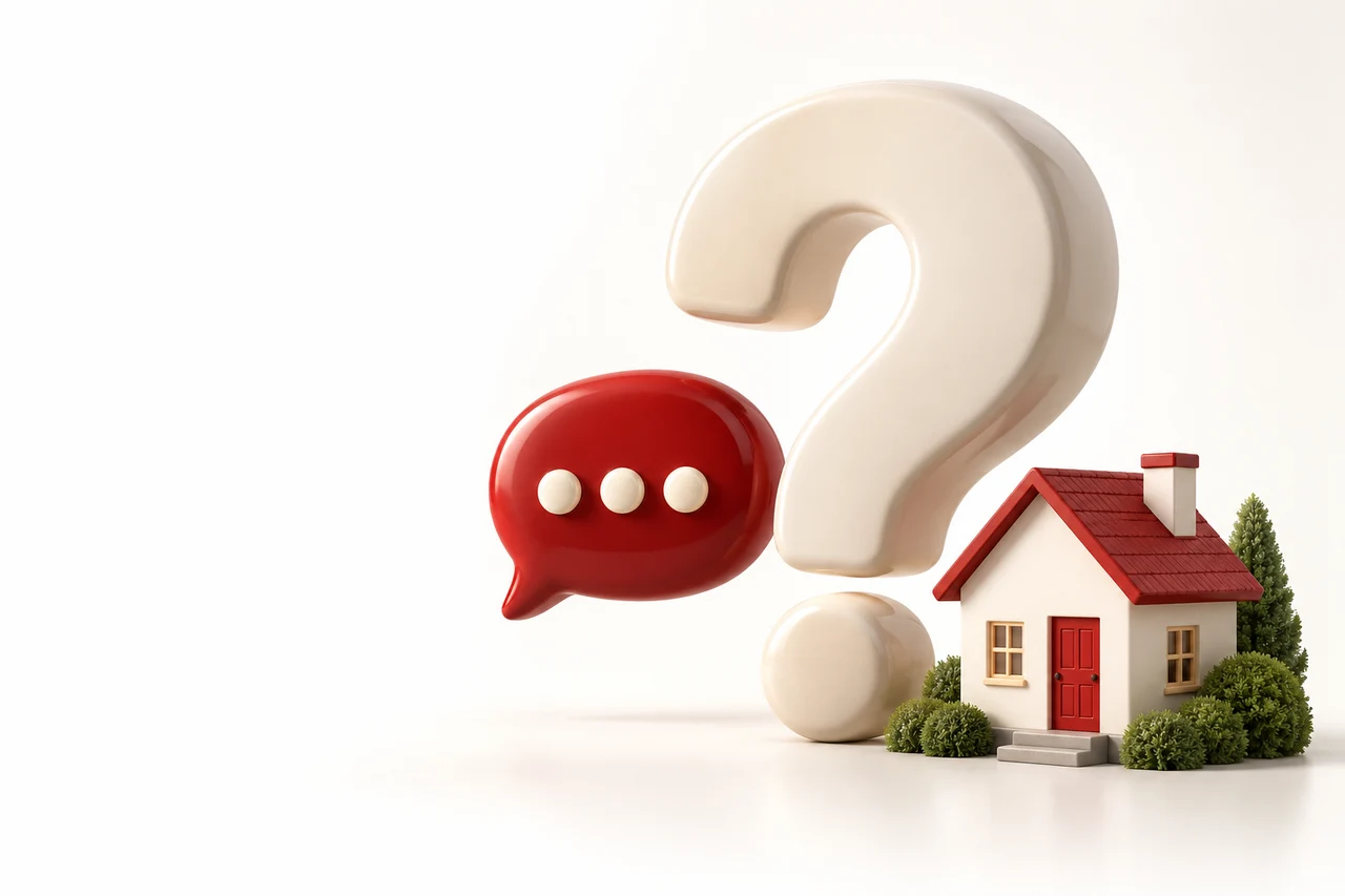 Cream question mark with a red speech bubble and miniature house
