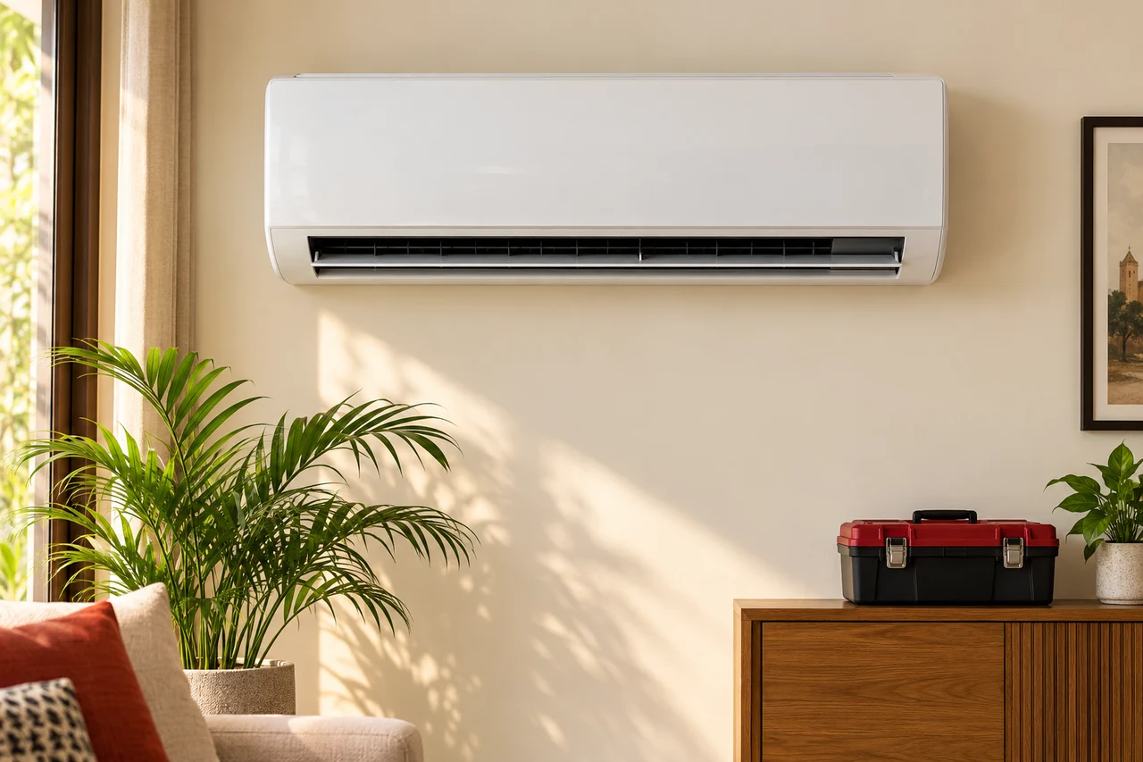 White indoor AC unit in a home with a red toolbox