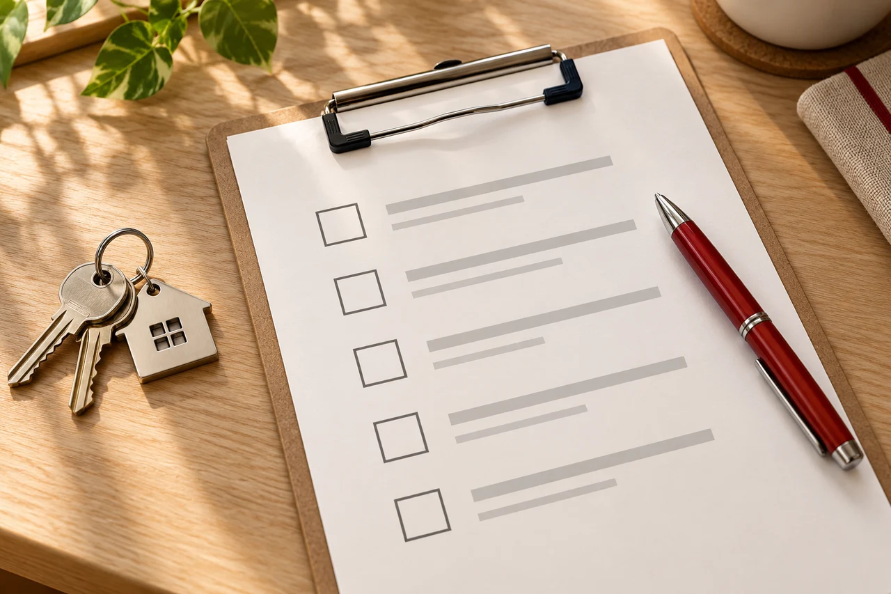 Illustrative visit checklist with red pen and house keys