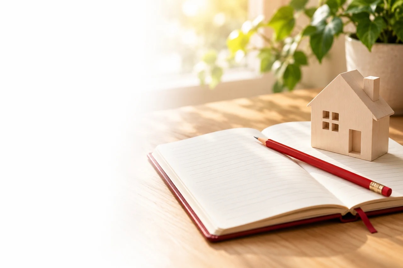 Open notebook with a red pencil and a small wooden house