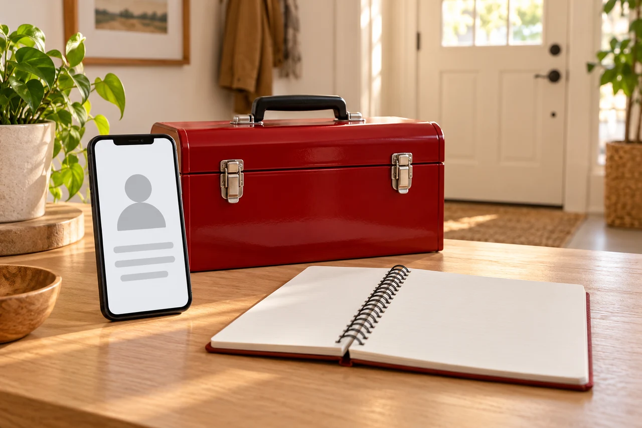 Conceptual anonymous professional profile on a phone beside a red toolbox and notebook