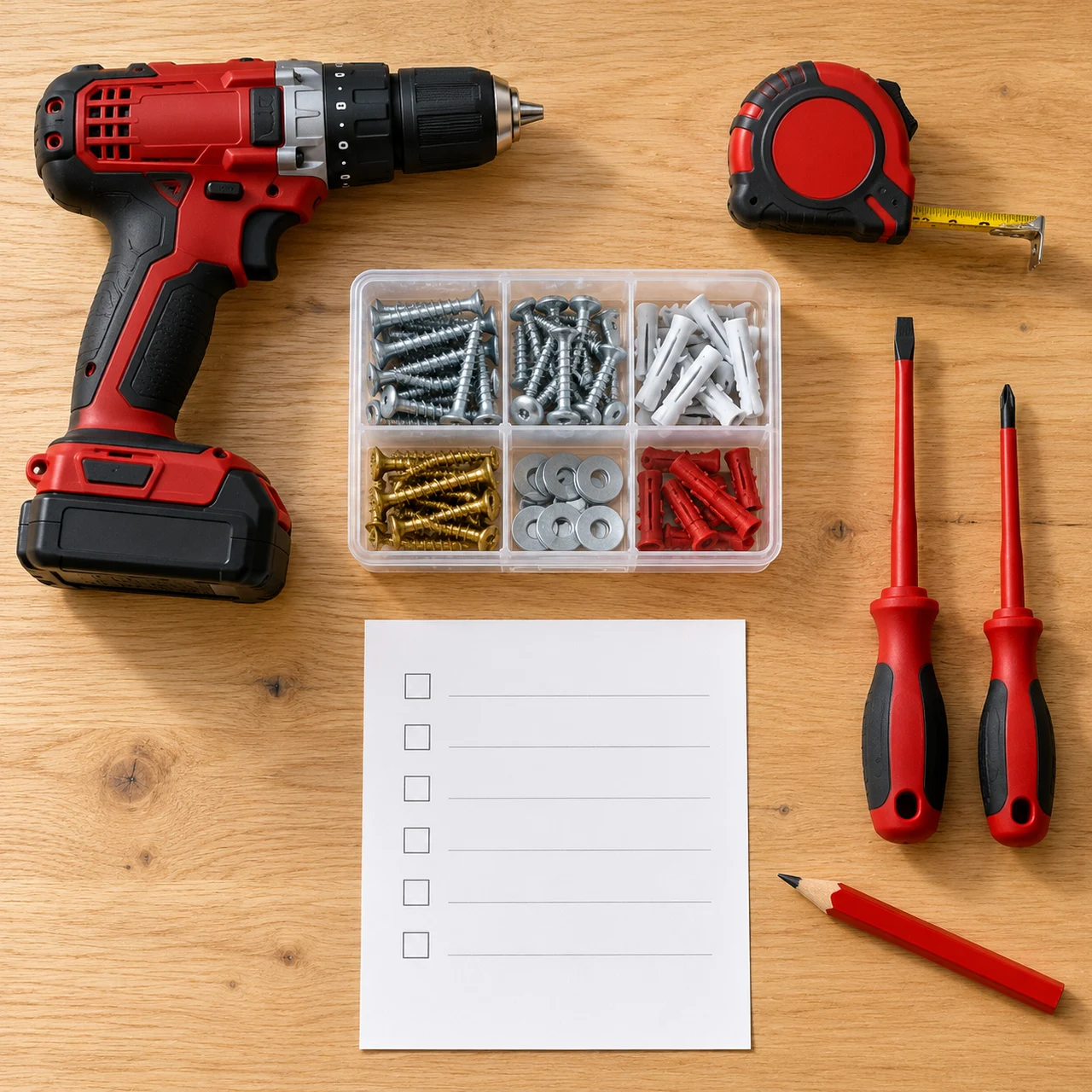 Illustration of an organised workbench with drill, screws, tape measure and paper task list