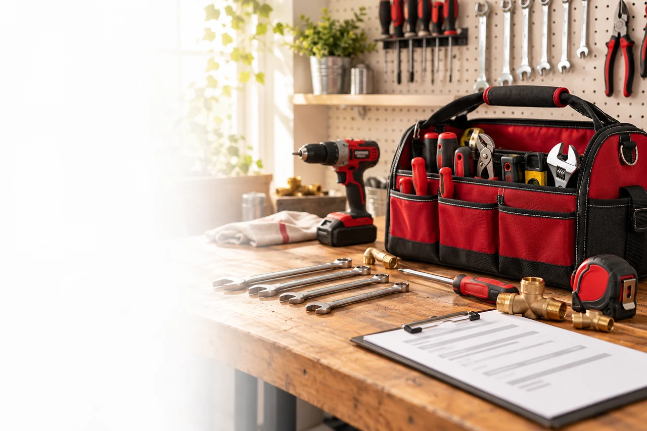 Red tool bag and home-service tools on a workshop bench