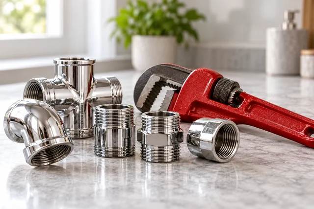 Illustration of chrome replacement fittings beside a red pipe wrench