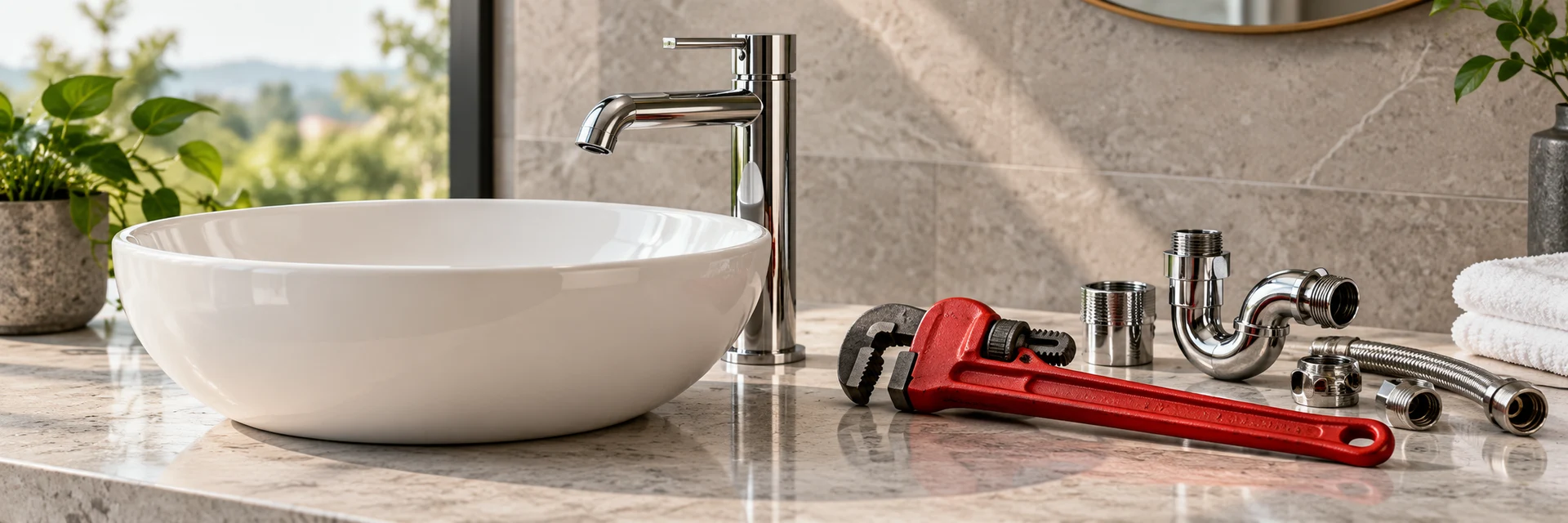 Illustration of a chrome tap, white basin, plumbing fittings and a red pipe wrench