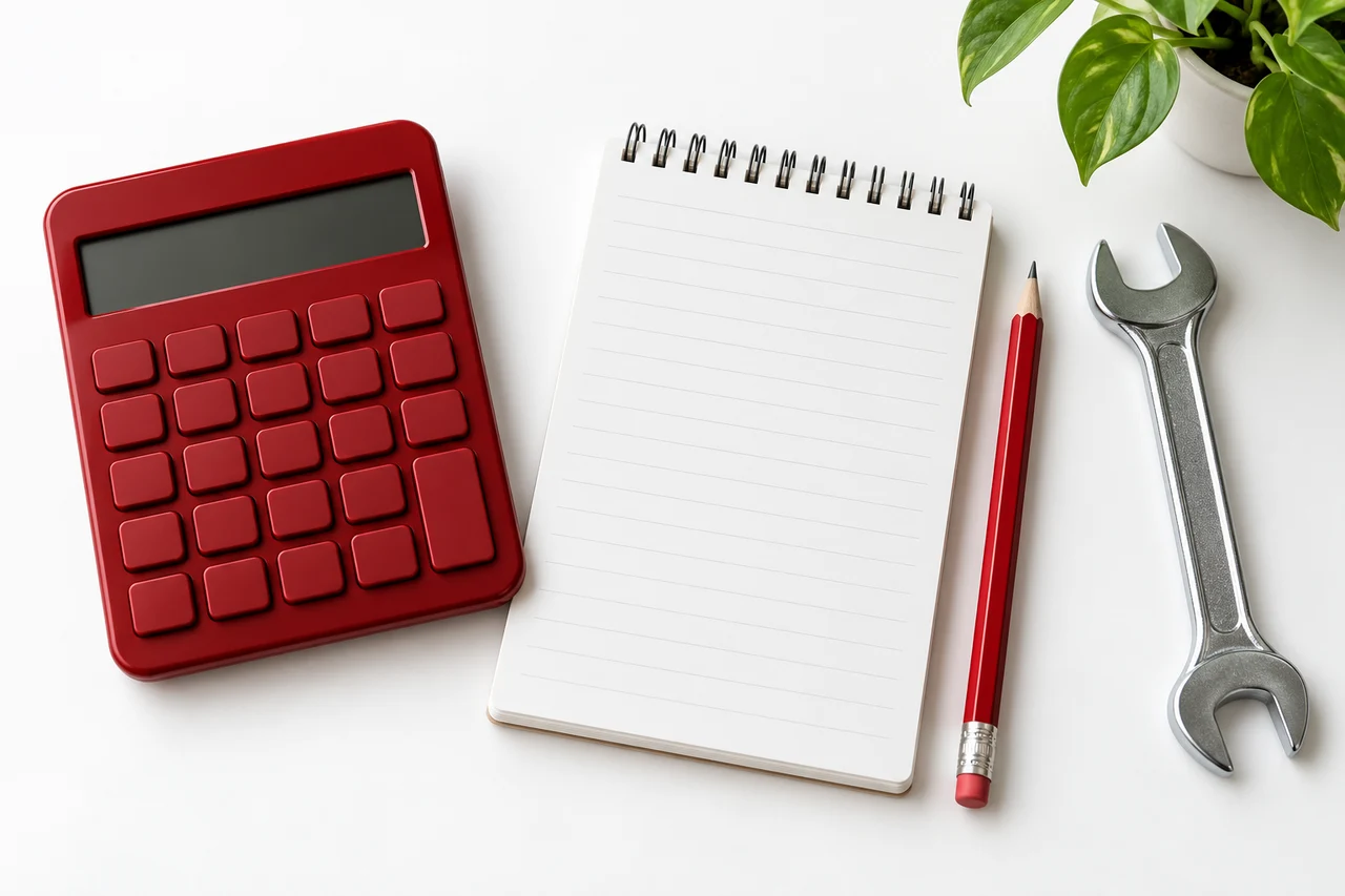 Red calculator, blank notebook, pencil and wrench on a white desk