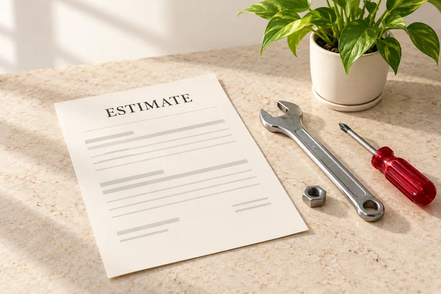 Illustrative estimate document beside home-repair tools