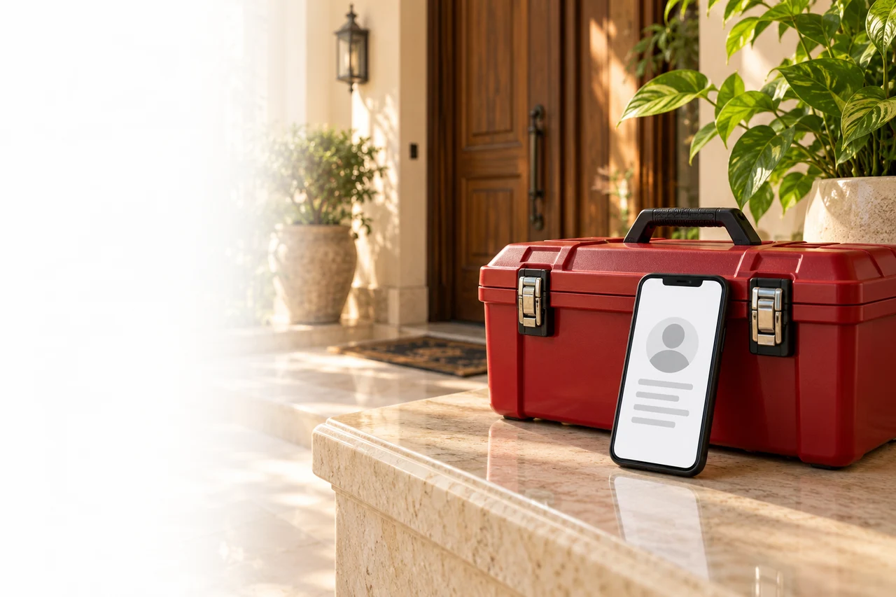 Conceptual anonymous profile on a phone beside a red toolbox at a home entrance