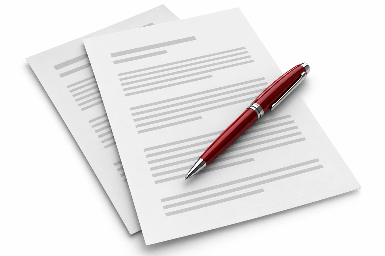 Decorative documents and red pen illustration